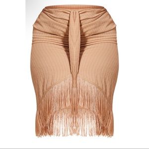 PLUS STONE TEXTURED LINEN TASSEL DRAPE MIDI SKIRT